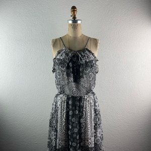 Beltaine l S Semi-Sheer Chiffon Bohemian Bandana Patchwork Ruffle Hem Midi Dress